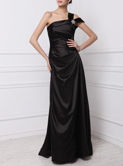 Black One Shoulder Ruched Sleeveless Sheath Long Taffeta Prom Dress